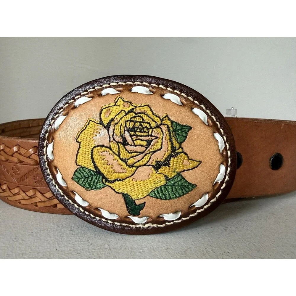 Vintage Hand Tooled Leather Belt Rose Oval Buckle Braided Western Boho Size 36
